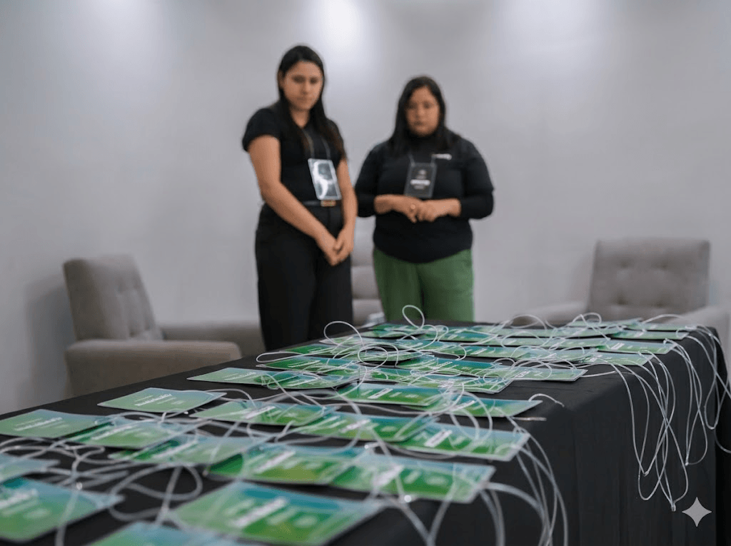 Credenciais do evento sobre a mesa de recepção
